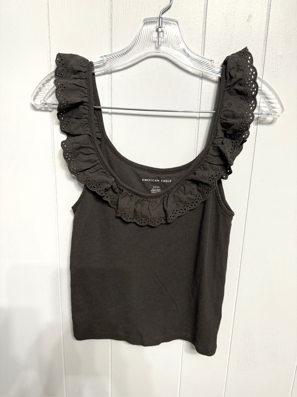 #15)  American Eagle Outfitters Ruffle Eyelet GrayTank Top